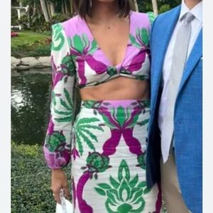 New Caroline Constas Floral Print Long Sleeve Linen Blend Crop Top NWT Large